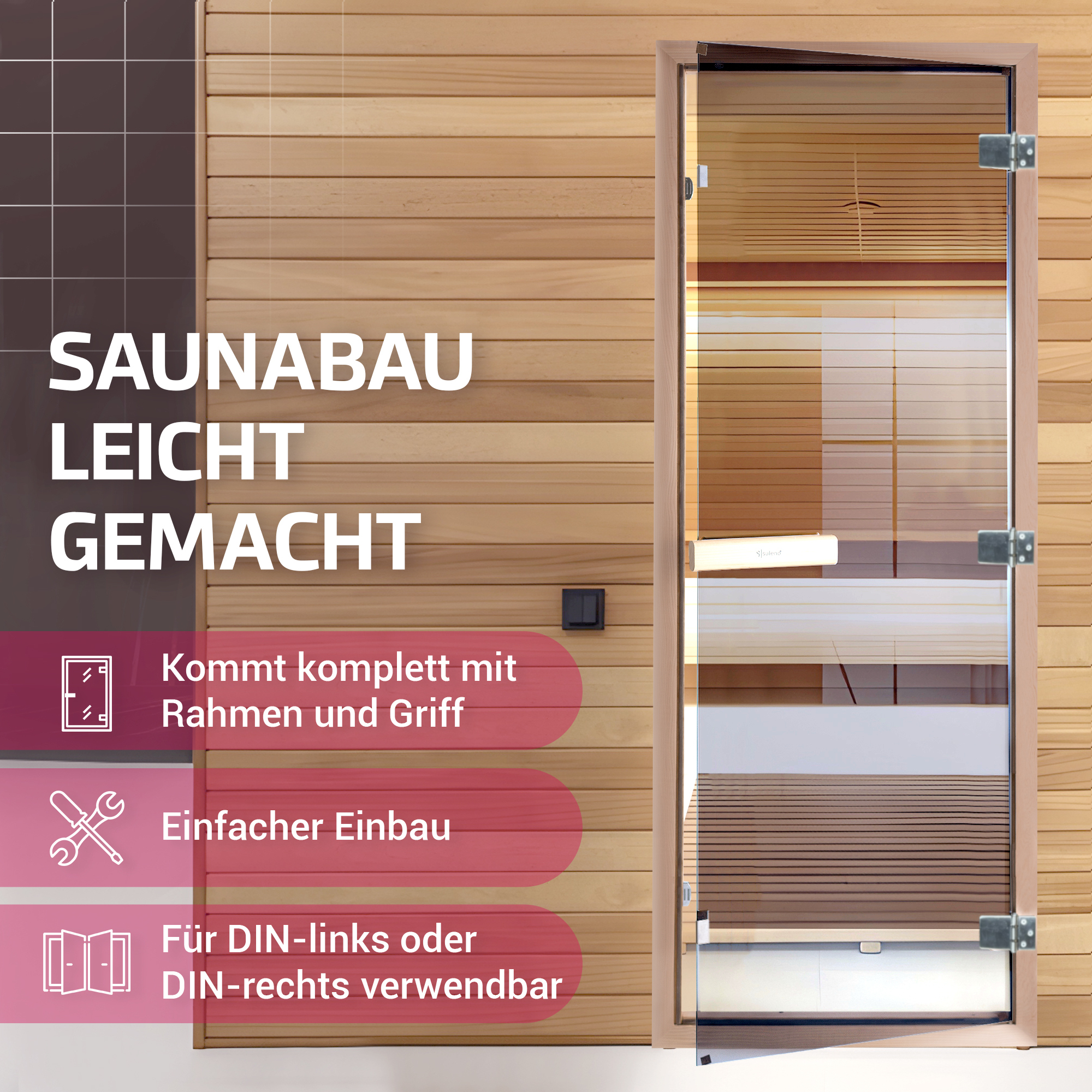 Suleno Saunatür 70x190cm Sauna Glastür ESG Saunabau Saunazubehör Heimsauna