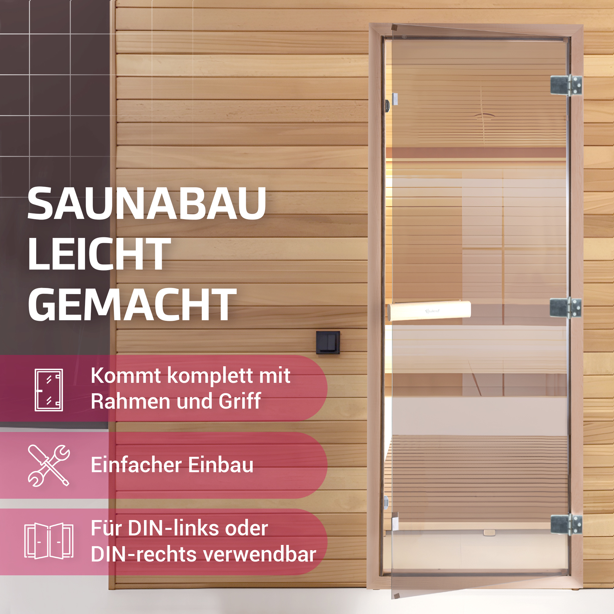 Suleno Saunatür 70x190cm Sauna Glastür ESG Saunabau Saunazubehör Heimsauna