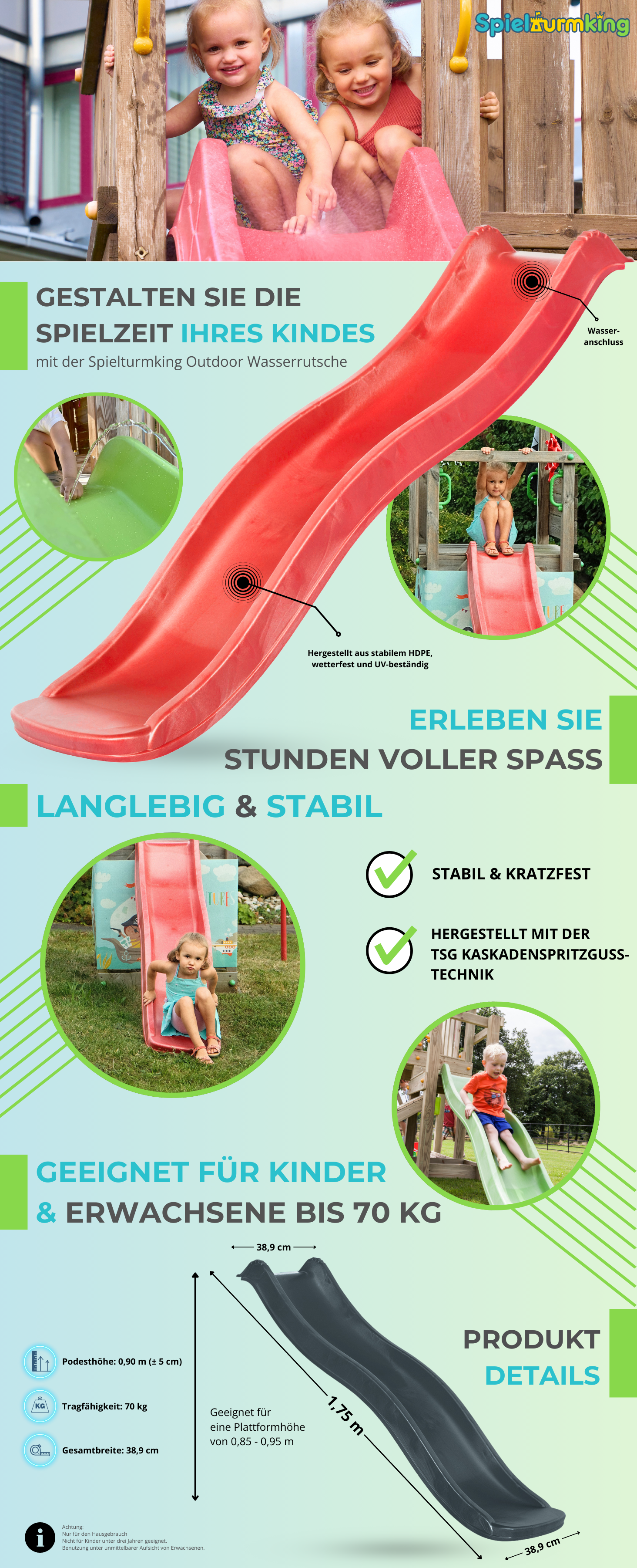 Spielturmking Rutsche 1,75 m mit Wasseranschluss