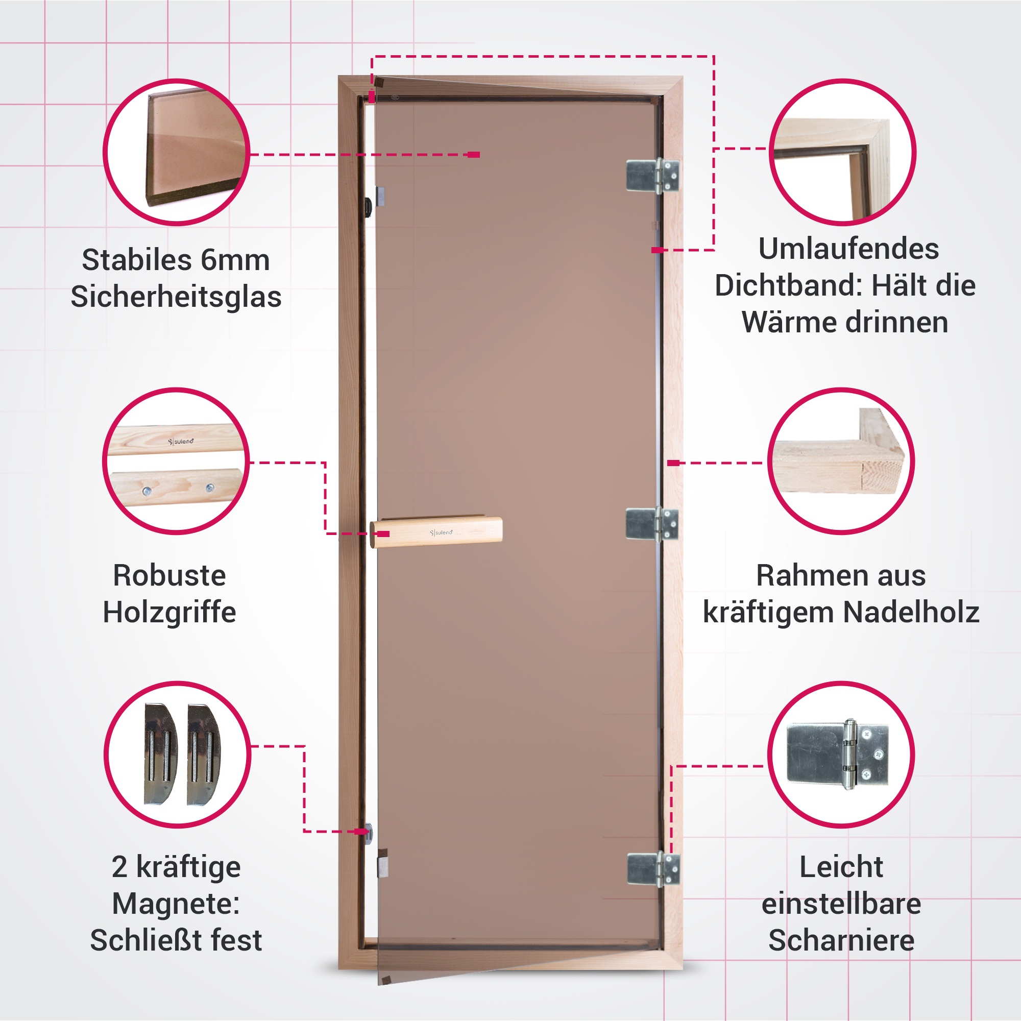 Suleno Saunatür 70x190cm Sauna Glastür ESG Saunabau Saunazubehör Heimsauna