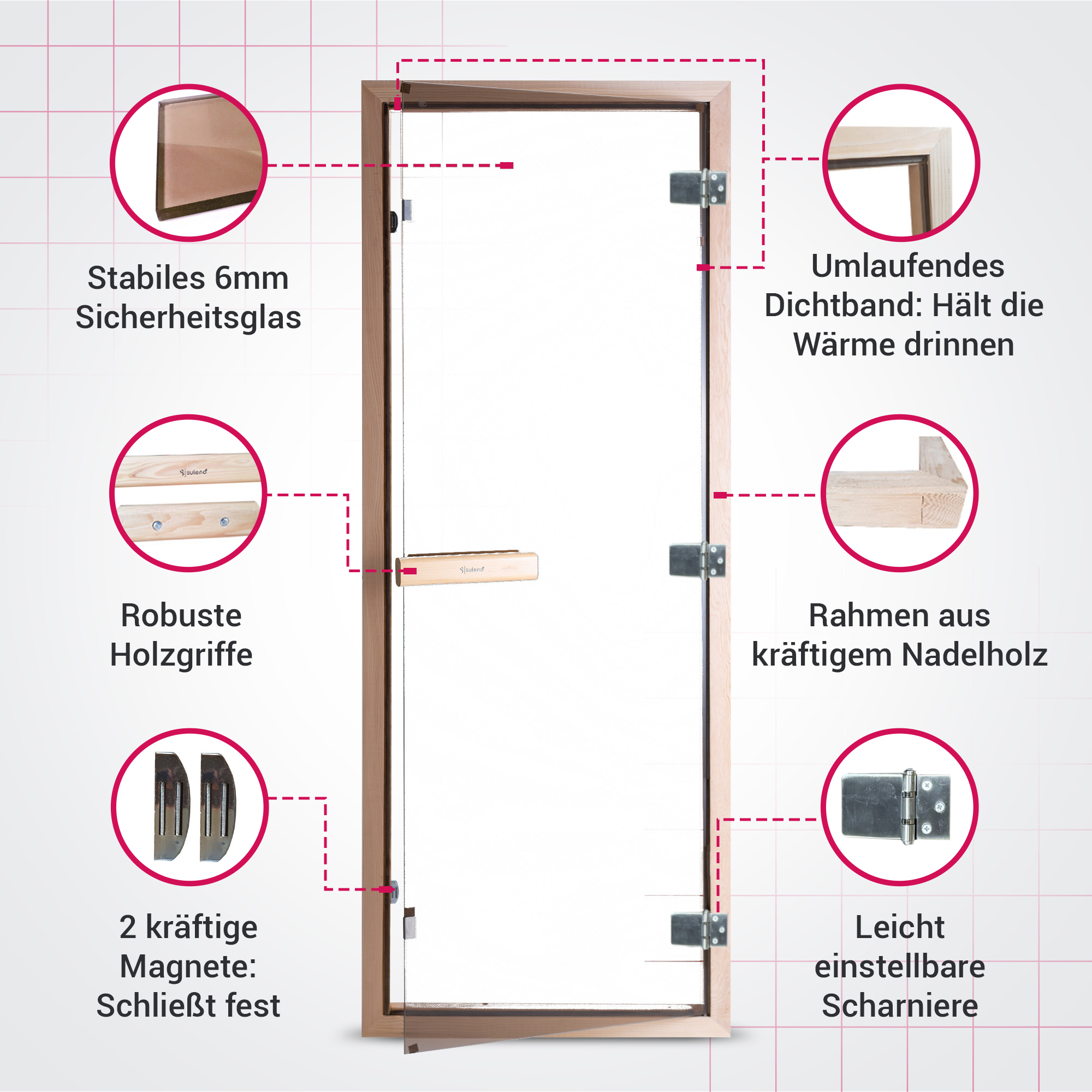 Suleno Saunatür 70x190cm Sauna Glastür ESG Saunabau Saunazubehör Heimsauna