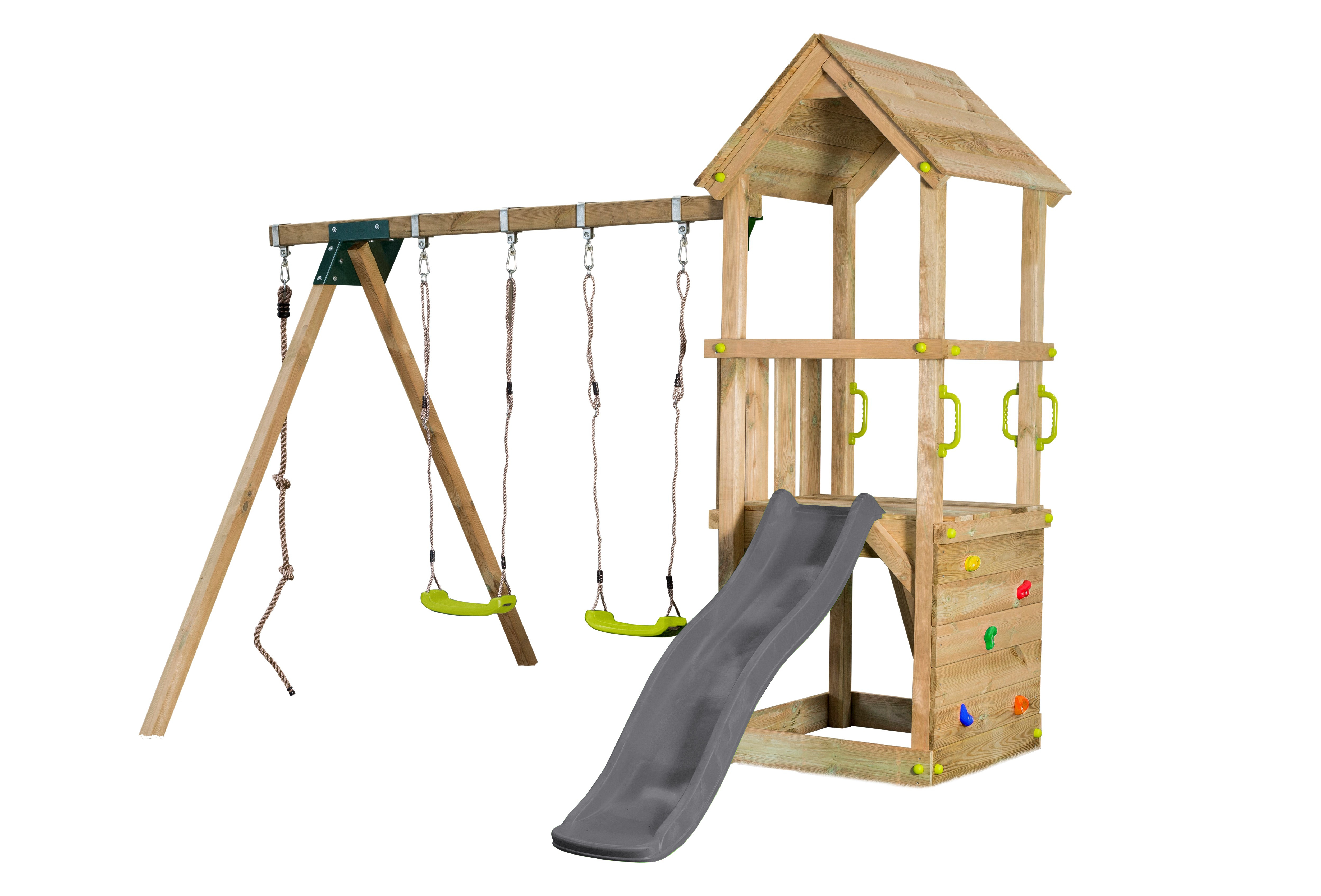 Spielturm LOFT mit Rutsche Doppelschaukel Kletterseil Kletterwand Klettersteine